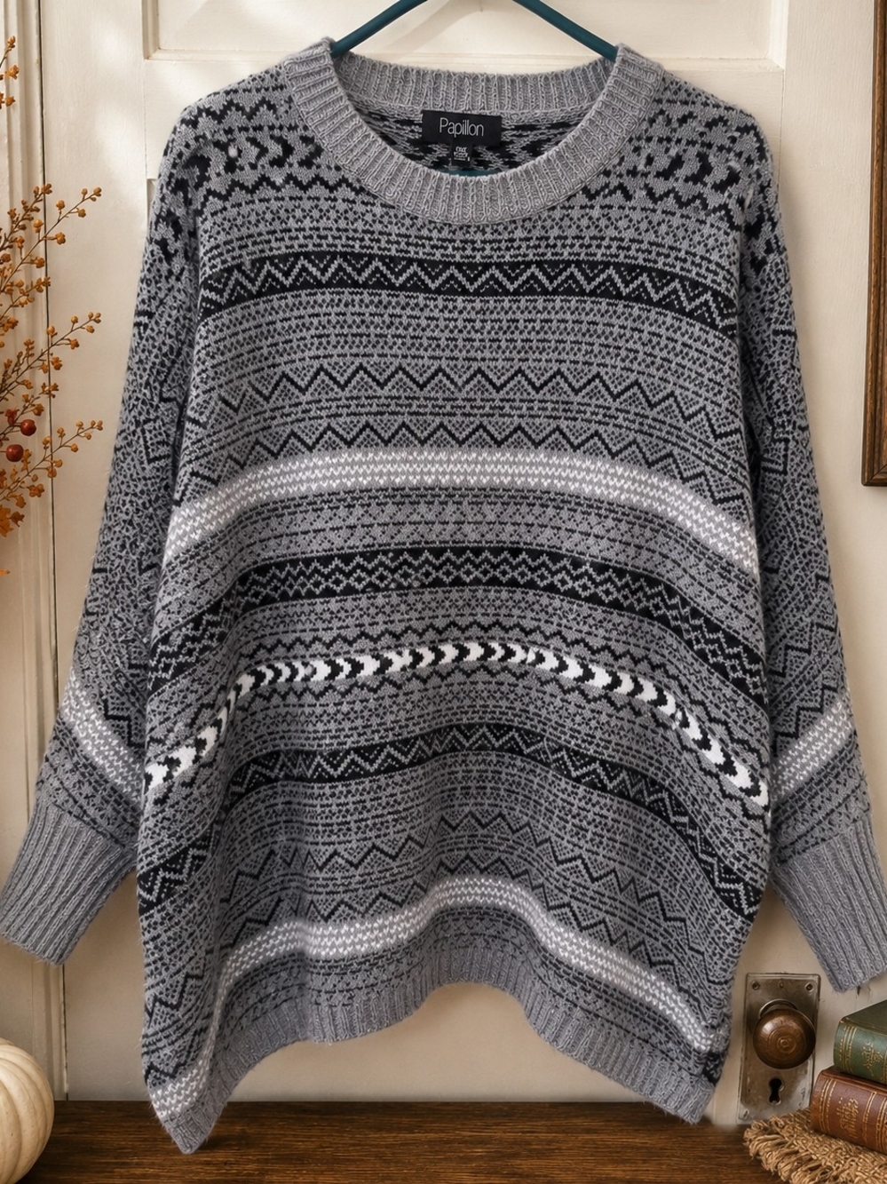 Papillon Oversized Fair Isle Poncho Sweater One Size Grey Black Cozy